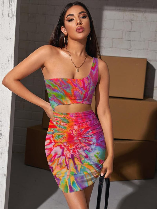 Tie Dye Dresses Women Dizziness 3d Print Pigment Vestido Sexy Harajuku Halter Sleeveless