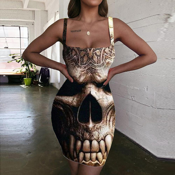 Skull Dresses Women Punk Sundress Skull Ladies Dresses Tattoo Bodycon Dress - KYKU