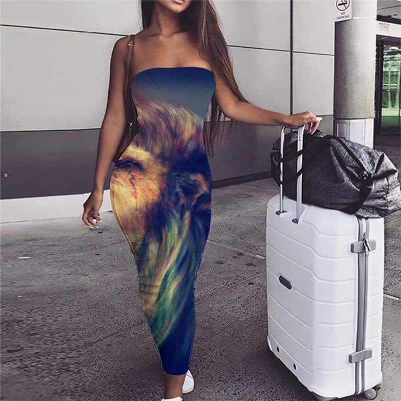 Lion Dress Women Animal 3d Print Anime Bodycon Dress Colorful sleeveless Graffiti Party - KYKU