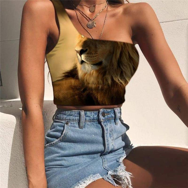 Lion Vest Tops Women Animal Midriff T shirt Anime One Shoulder Crop Harajuku Tees Graphic Forest Sleeveless Shirt - KYKU