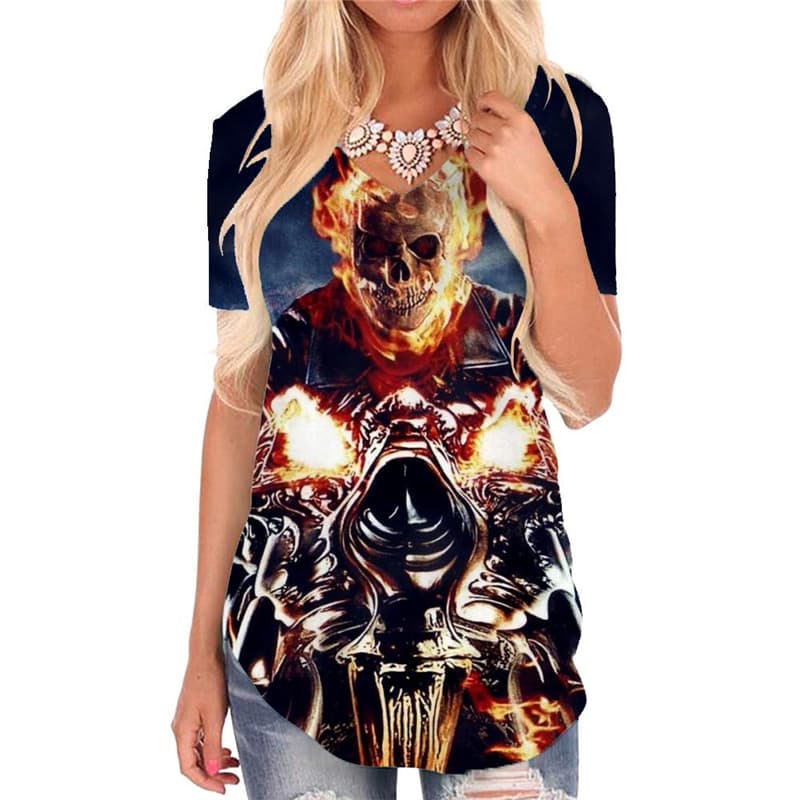 Skull T-shirt women Punk Tshirts Printed Flame V-neck Tshirt Motorcycle Funny T shirts