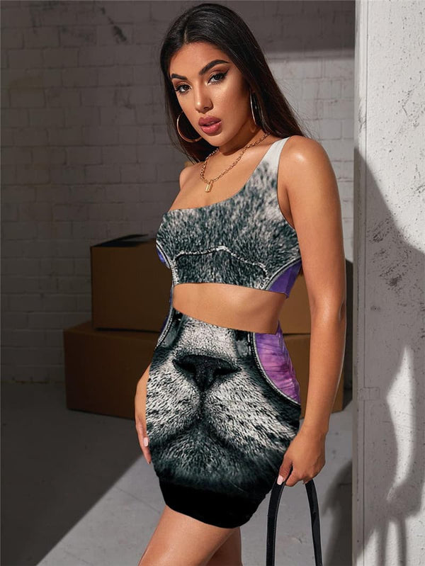 
Cat Dresses Women Animal 3d Print Hip Hop Halter Sleeveless Harajuku Pleating Rock Vestido Sexy
                