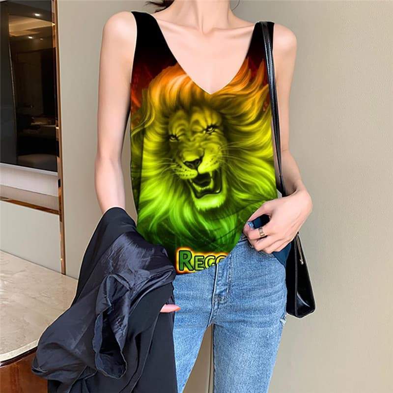 Lion Tank-Top women Animal Funny Top Anime Tank Tops Casual Colorful Vest Printed Green Vest Print - KYKU
