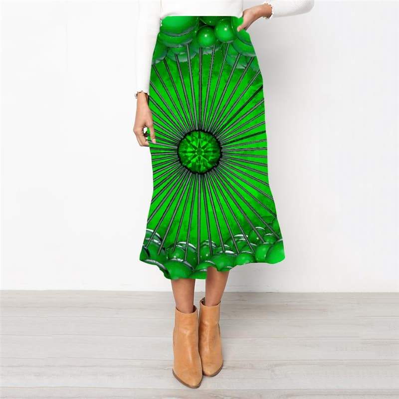 Geometric Skirts Women Psychedelic Rock Frauen Vortex Skirt Ladies Ball School skirt Green High waist skirts - KYKU