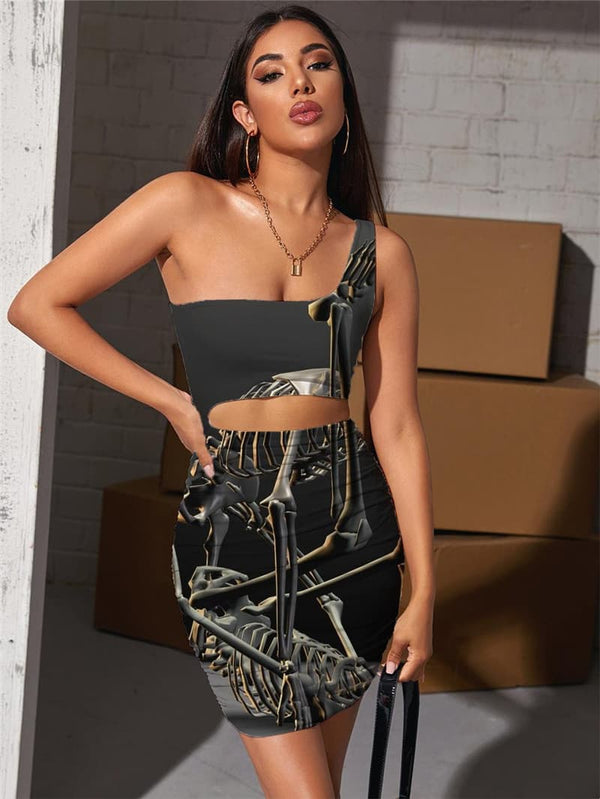 Skull Dress Women Skeleton Bodycon Dress Rock Hollow out Dresses Hip Hop Pleating