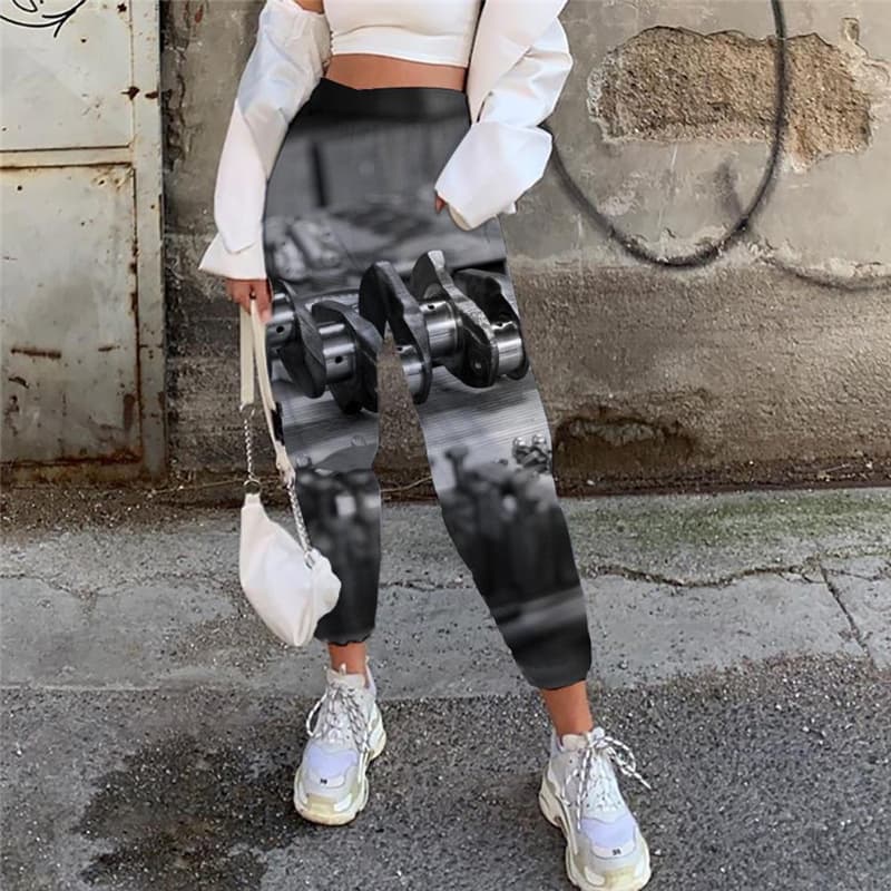 Metal Trousers Women Engine 3d Printed Gear Trouser Black Jogger Pants