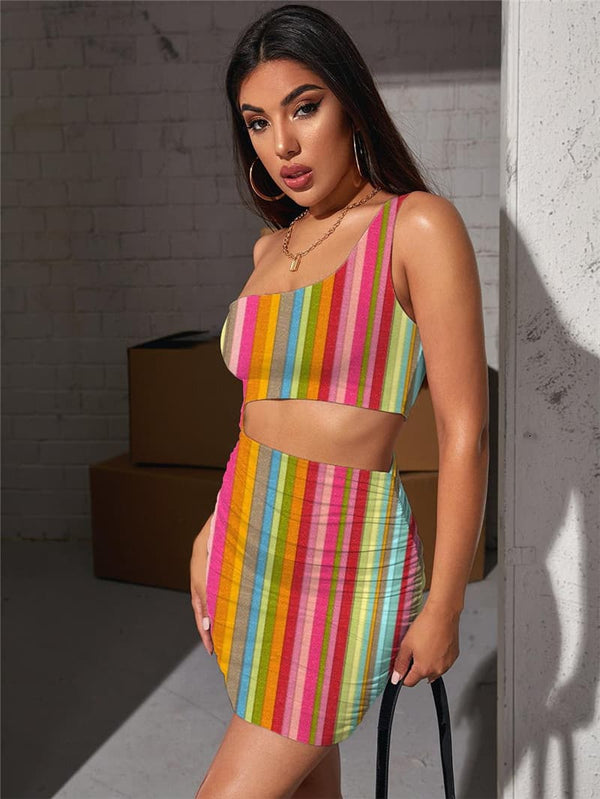 
Colorful Dress Women Stripe Hollow out Dresses Gradient 3d Print Rainbow Halter Sleeveless
                
