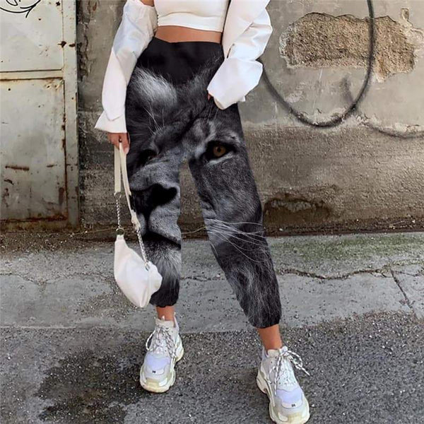 Lion Pants Women Animal Trouser Anime Jogger Pants Black High Waist Pants Cartoon 3d Printed - KYKU