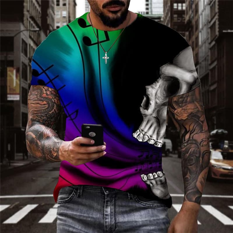 Skull T shirt Men Music Shirt Print Colorful Tshirts Casual Rainbow Anime Clothes