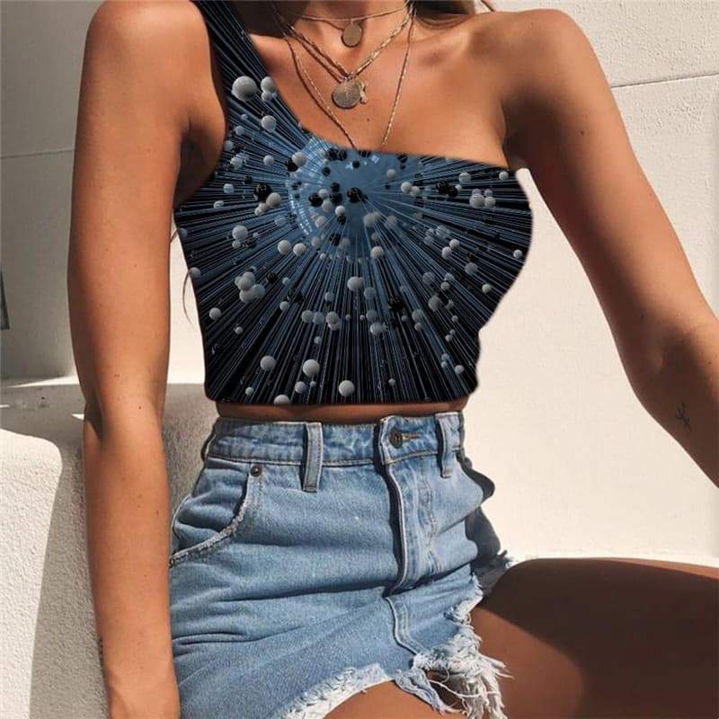 Geometric Tank Tops Women Psychedelic Tees Graphic Vortex Midriff T shirt Black And White One Shoulder Crop Ball Sleeveless Shirt - KYKU