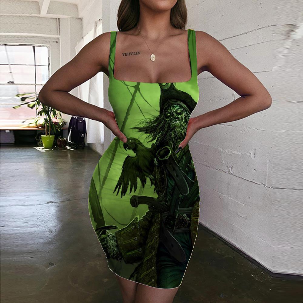 Skull Dresses Women Punk Sundress Pirate Halter Sleeveless Green Bodycon Dress Captain Ladies Dresses - KYKU