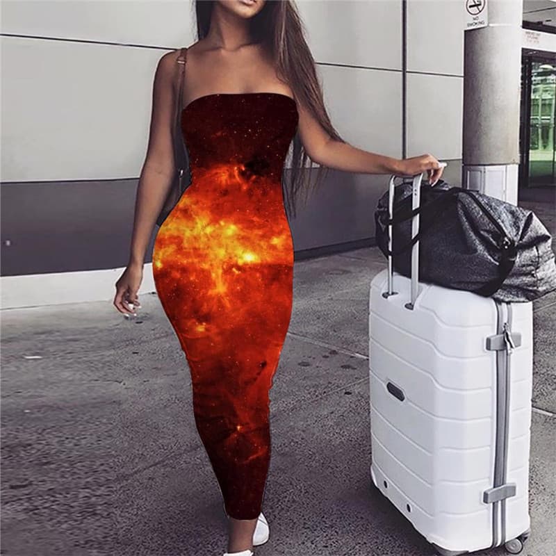 Galaxy Dress Women Space Boho Universe Sundress Flame Bodycon Dress Red Party