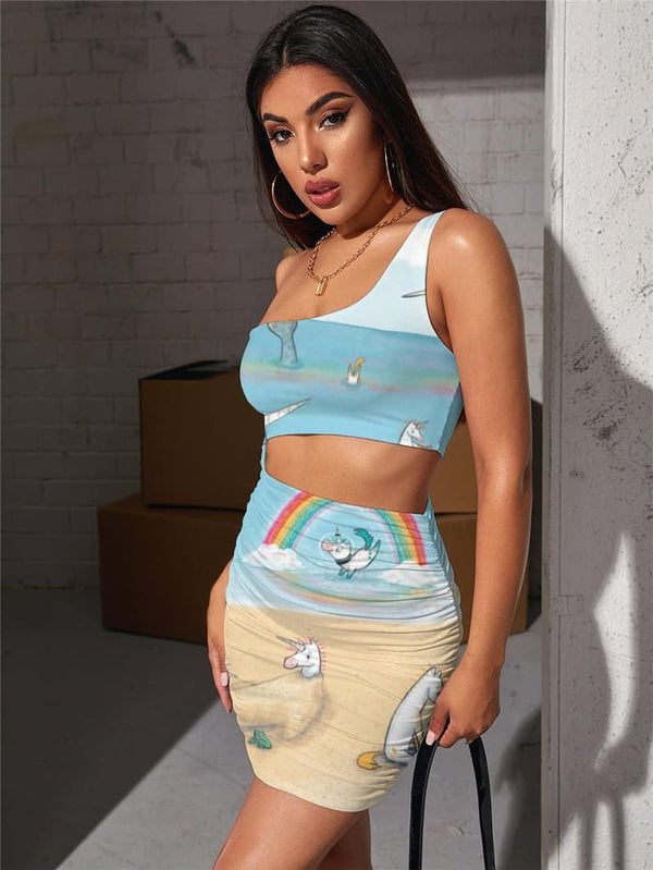 
Unicorn Dress Women Animal 3d Print Rainbow Halter Sleeveless Flame Hollow out Dresses Hip Hop Bodycon Dress
                