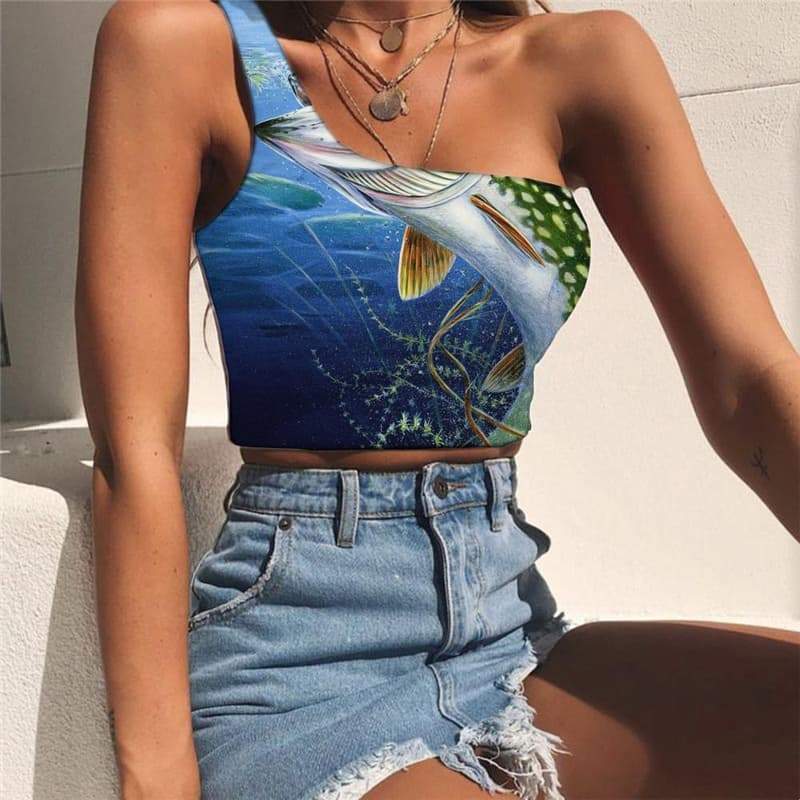 Ocean Vest Tops Women Fishing Midriff T shirt Funny Tees Graphic Woman Clothes - KYKU