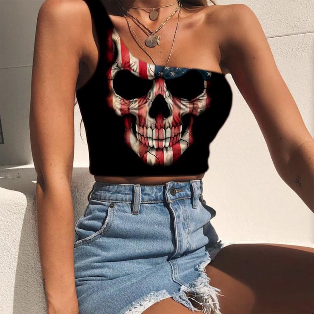 Skull Tank Tops Women Punk One Shoulder Crop United States Tees Graphic Usa Midriff T shirt America Sleeveless Shirt - KYKU