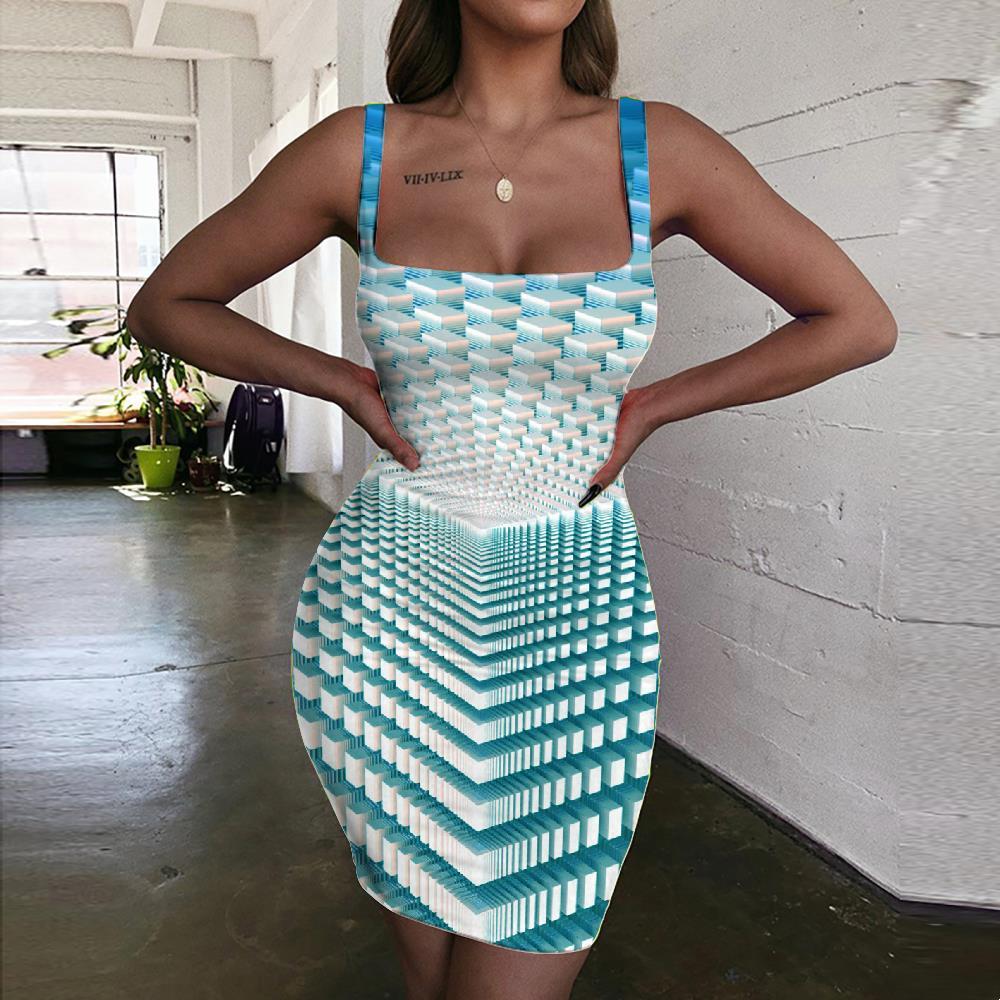 Geometric Dress Women Psychedelic Sundress Vortex Bodycon Dress Blue 3d Print - KYKU