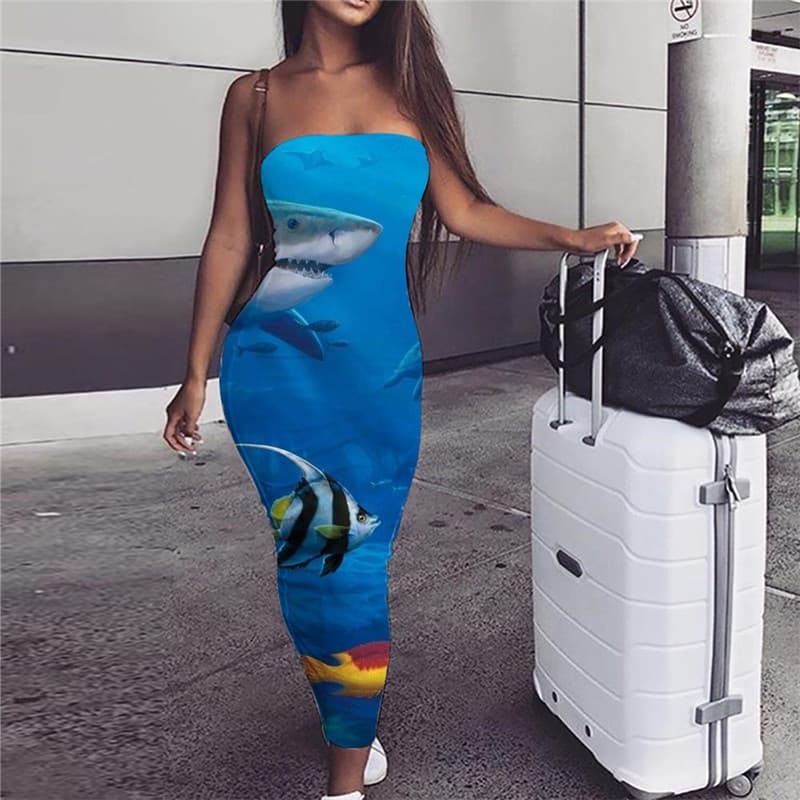 Shark Dress Women Fish sleeveless Animal Boho Ocean Party Blue Bodycon Dress