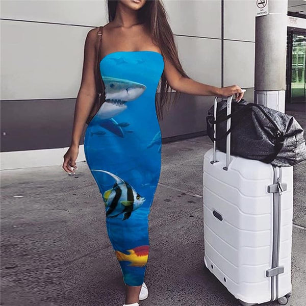 Shark Dress Women Fish sleeveless Animal Boho Ocean Party Blue Bodycon Dress