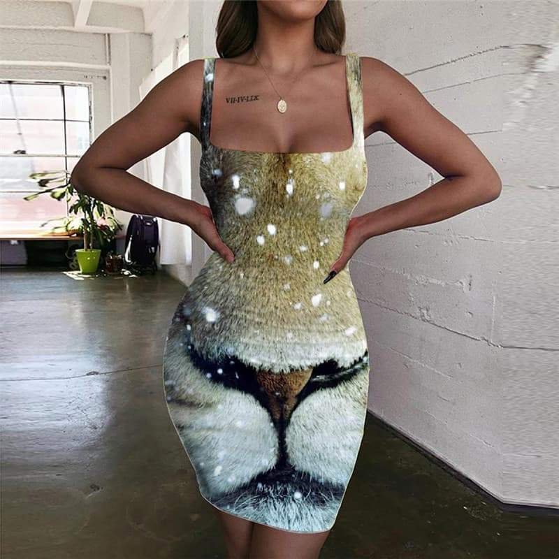 Lion Dresses Women Animal 3d Print Anime Sundress Snowflake Bodycon Dress Harajuku Halter Sleeveless - KYKU