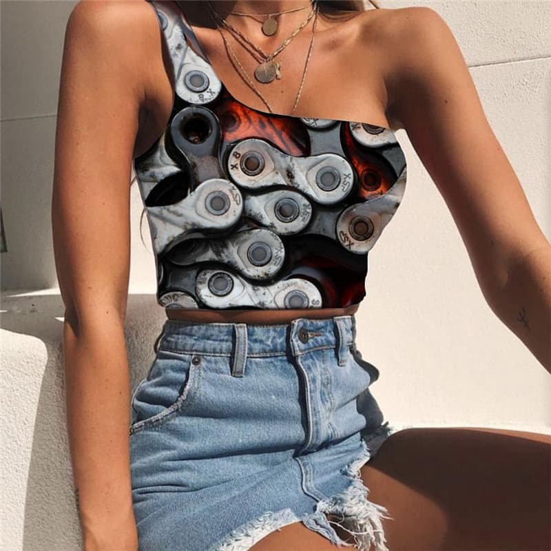 Metal Tank Tops Women Engine Tees Graphic Gear One Shoulder Crop Funny Sleeveless Shirt Rock Midriff T shirt