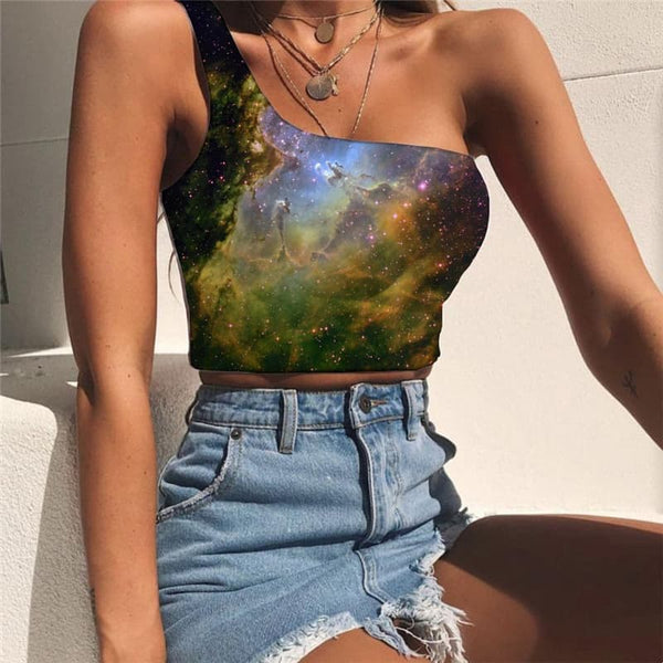 Galaxy Tank Tops Women Space Tees Graphic Universe Midriff T shirt Hip Hop One Shoulder Crop