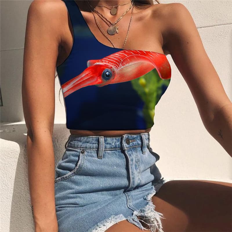 Fish Vest Tops Women Ocean One Shoulder Crop Animal Midriff T shirt Red Tees Graphic