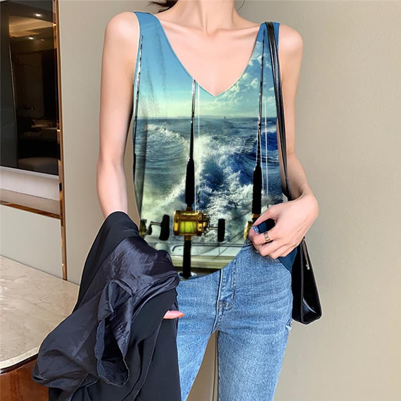 Fish Tank Top Women Tracksuits Vest Print Wave Tank Tops Casual Fisherman Funny Top Fishing Vest Printed