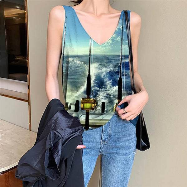 Fish Tank Top Women Tracksuits Vest Print Wave Tank Tops Casual Fisherman Funny Top Fishing Vest Printed