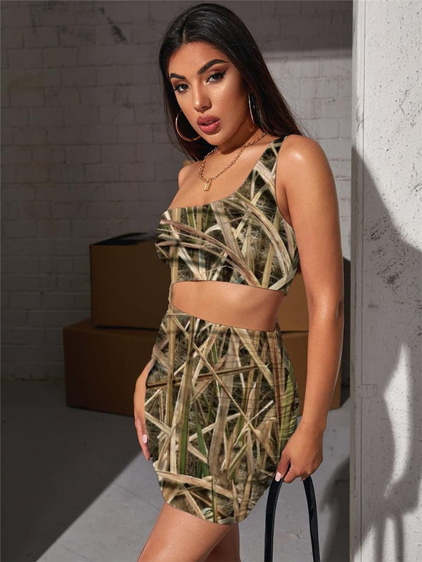 
Camouflage Dress Women Psychedelic Bodycon Dress Abstract Hollow out Dresses Straw Pleating
                