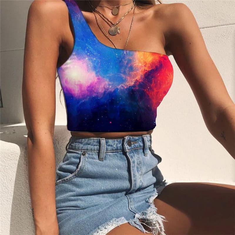 Galaxy Tank Tops Women Space Tees Graphic Universe Sleeveless Shirt Novel Midriff T shirt Colorful One Shoulder Crop