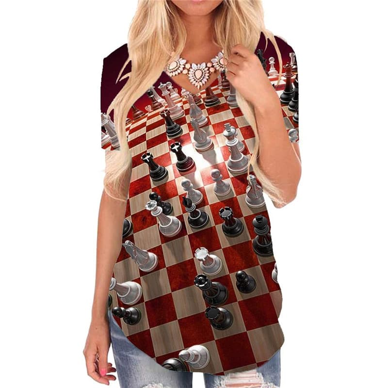 Geometric T Shirt Women Psychedelic V-neck Tshirt Vortex Funny T shirts International Chess Shirt Print