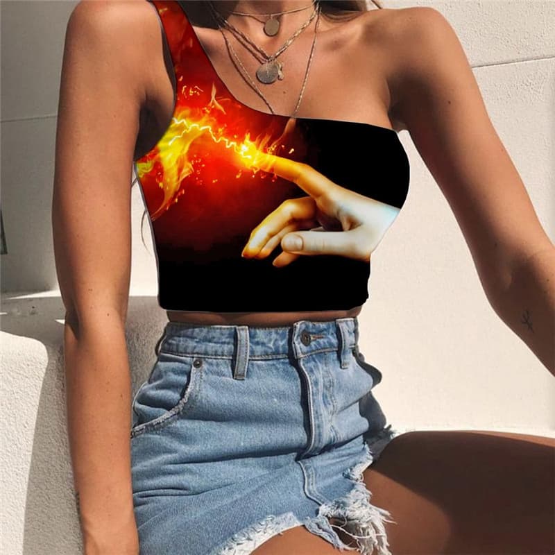 Flame Tank Tops Women Light Bulb Sleeveless Shirt Hand Midriff T shirt Couple Tees Graphic
