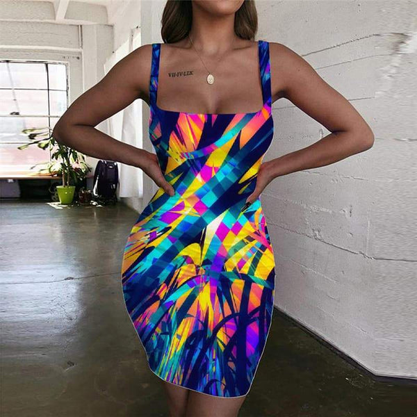 Geometric Dresses Women Psychedelic Halter Sleeveless Vortex 3d Print Color Bodycon Dress - KYKU