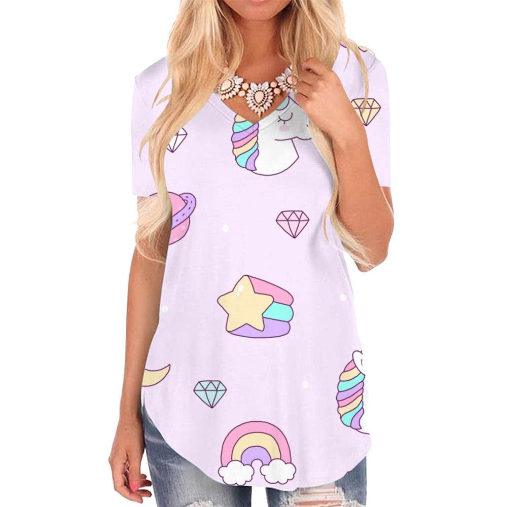 Unicorn T Shirt Women Moon T-shirts 3d Colorful Funny T shirts Universe V-neck Tshirt Cloud Shirt Print
