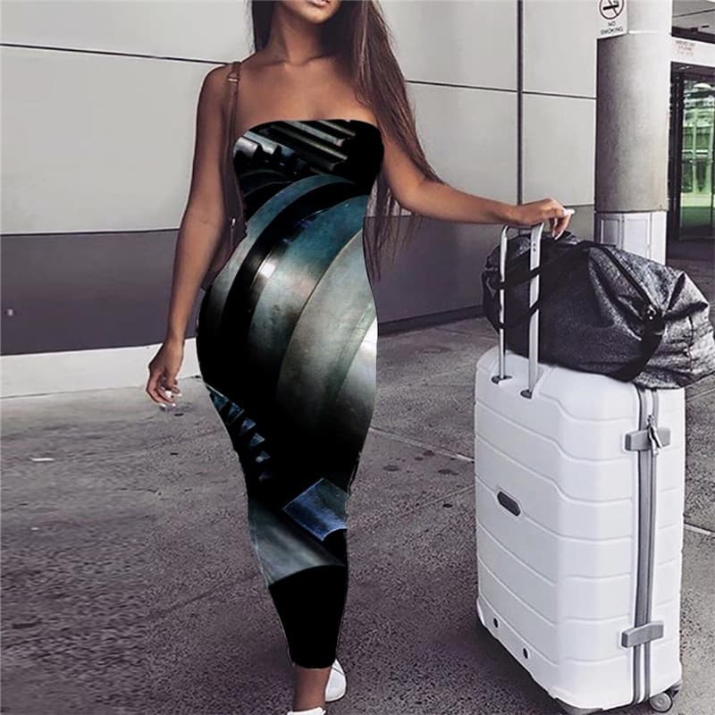 Metal Dress Women Engine Party Gear Bodycon Dress Punk Rock sleeveless