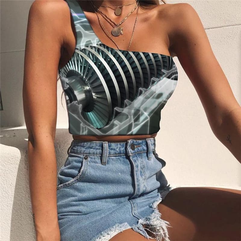 Metal Vest Tops Women Engine Midriff T shirt Gear Sleeveless Shirt Motorcycle One Shoulder Crop