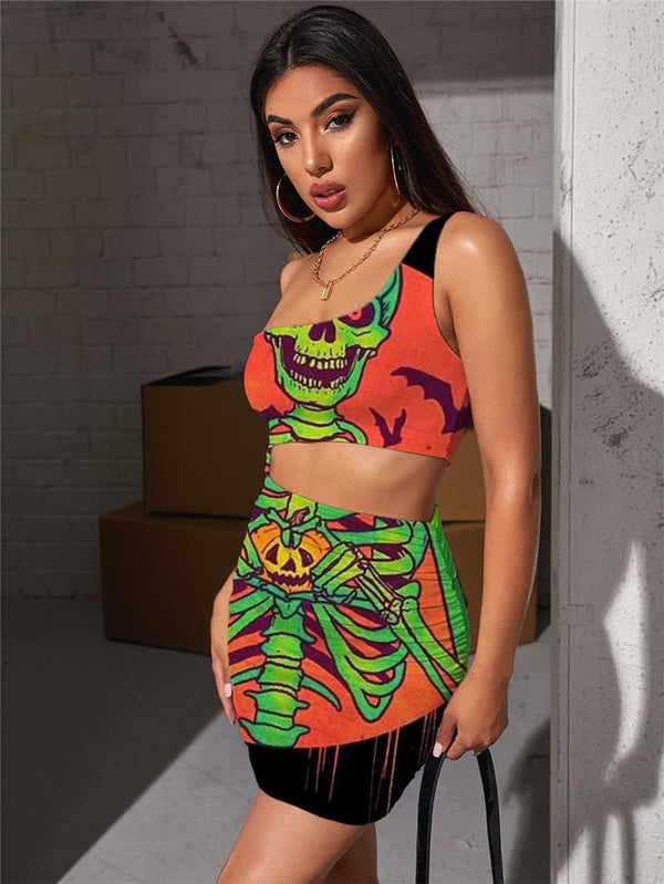 
Skull Dress Women Skeleton Halter Sleeveless Halloween Pleating Moon 3d Print Crow Bodycon Dress
                