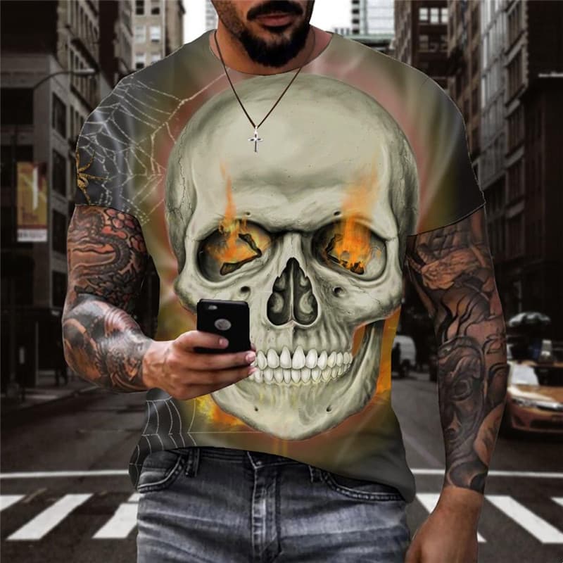 Skull T shirt Men Flame Tshirts Casual Spider Web Shirt Print Hip Hop T-shirts 3d