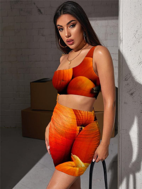 
Pumpkin Dresses Women Halloween Halter Sleeveless Yellow 3d Print Harajuku Vestido Sexy
                