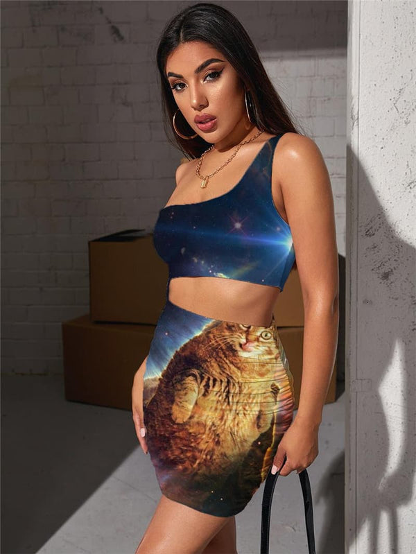 
Cat Dress Women Animal Halter Sleeveless Galaxy Vestido Sexy Moon Pleating Nebula 3d Print
                