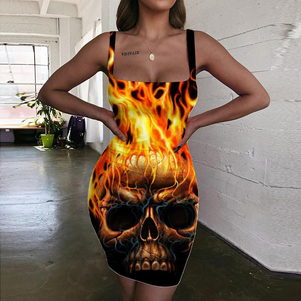 Skull Dresses Women Punk Sundress Flame 3d Print Skull Halter Sleeveless - KYKU