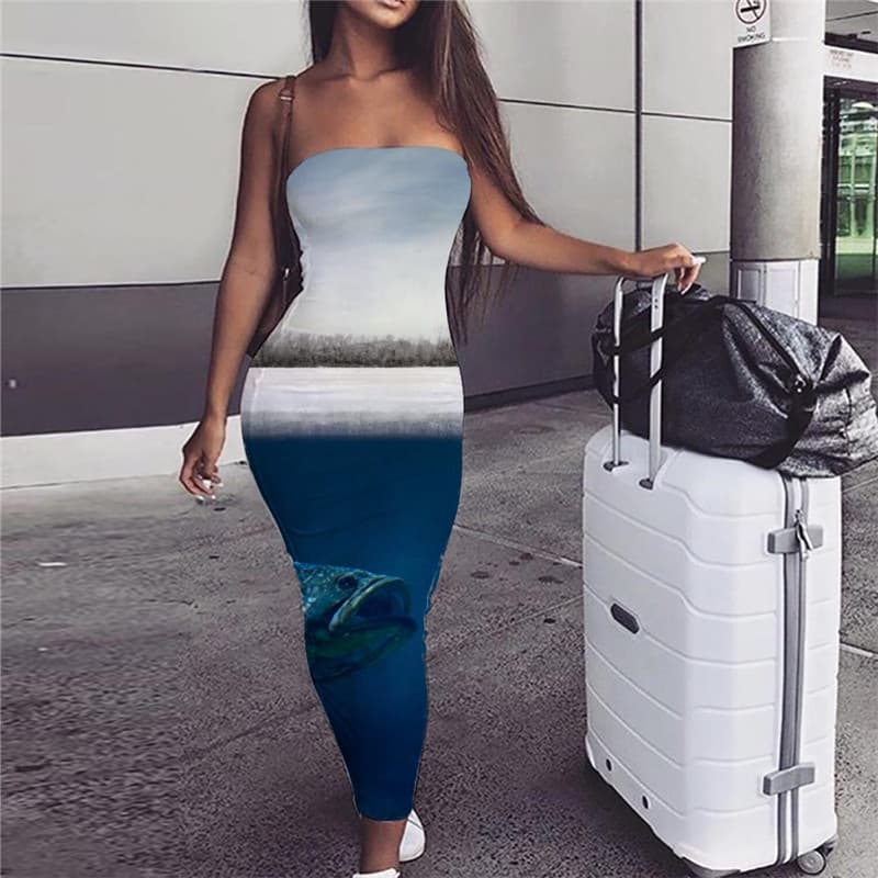 Fish Dress Women Animal Party Funny sleeveless Fisherman Boho Fishinger 3d Print