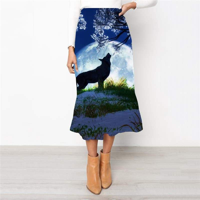 Wolf Skirts Women Animal Skirt Ladies Anime School skirt Moon Rock Frauen Flower High waist skirts - KYKU