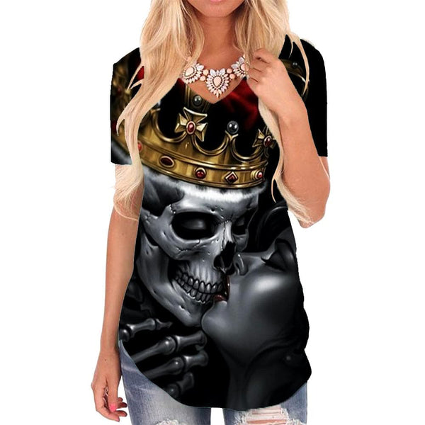 Skull T Shirt Women Skeleton Funny T shirts Crown V-neck Tshirt Hip Hop Shirt Print