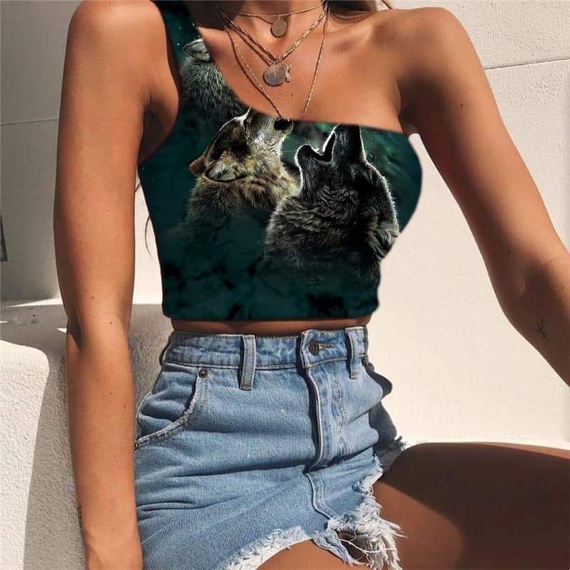 Wolf Vest Tops Women Animal Sleeveless Shirt Anime Midriff T shirt Moon Tees Graphic Wolf Pack One Shoulder Crop - KYKU