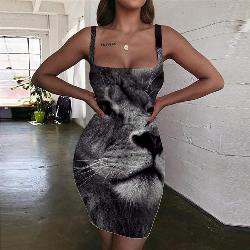 Lion Dresses Women Animal Vestido Sexy Anime 3d Print Harajuku Halter Sleeveless Black Ladies Dresses - KYKU