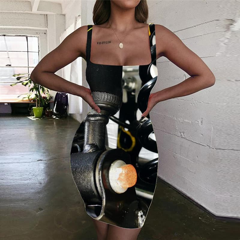Metal Dress Women Engine Halter Sleeveless Gear 3d Print Hip Hop Vestido Sexy