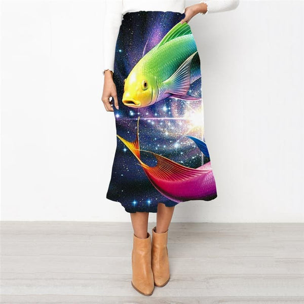 Fish Skirts Women Space Galaxy Skirt Ladies Colorful School skirt Nebula High waist skirts Animal Rock Frauen