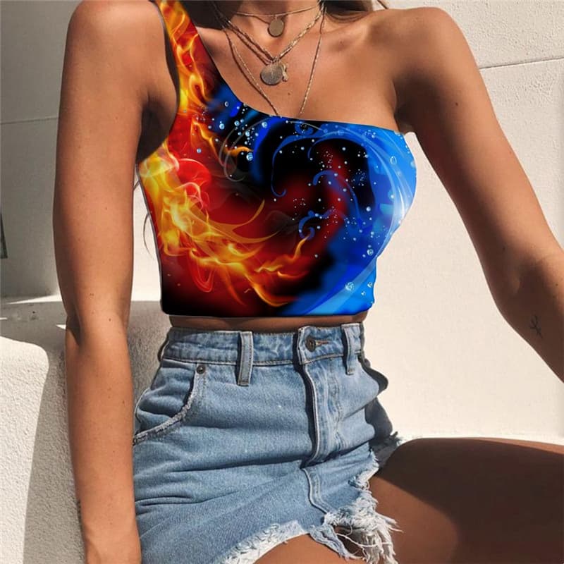 Blue Flame Vest Tops Women Red Flame Sleeveless Shirt Colorful Midriff T shirt