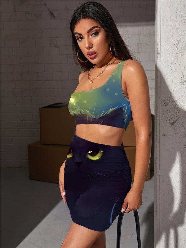 
Animal Dress Women Cat Bodycon Dress Graffiti Hollow out Dresses Harajuku Halter Sleeveless
                